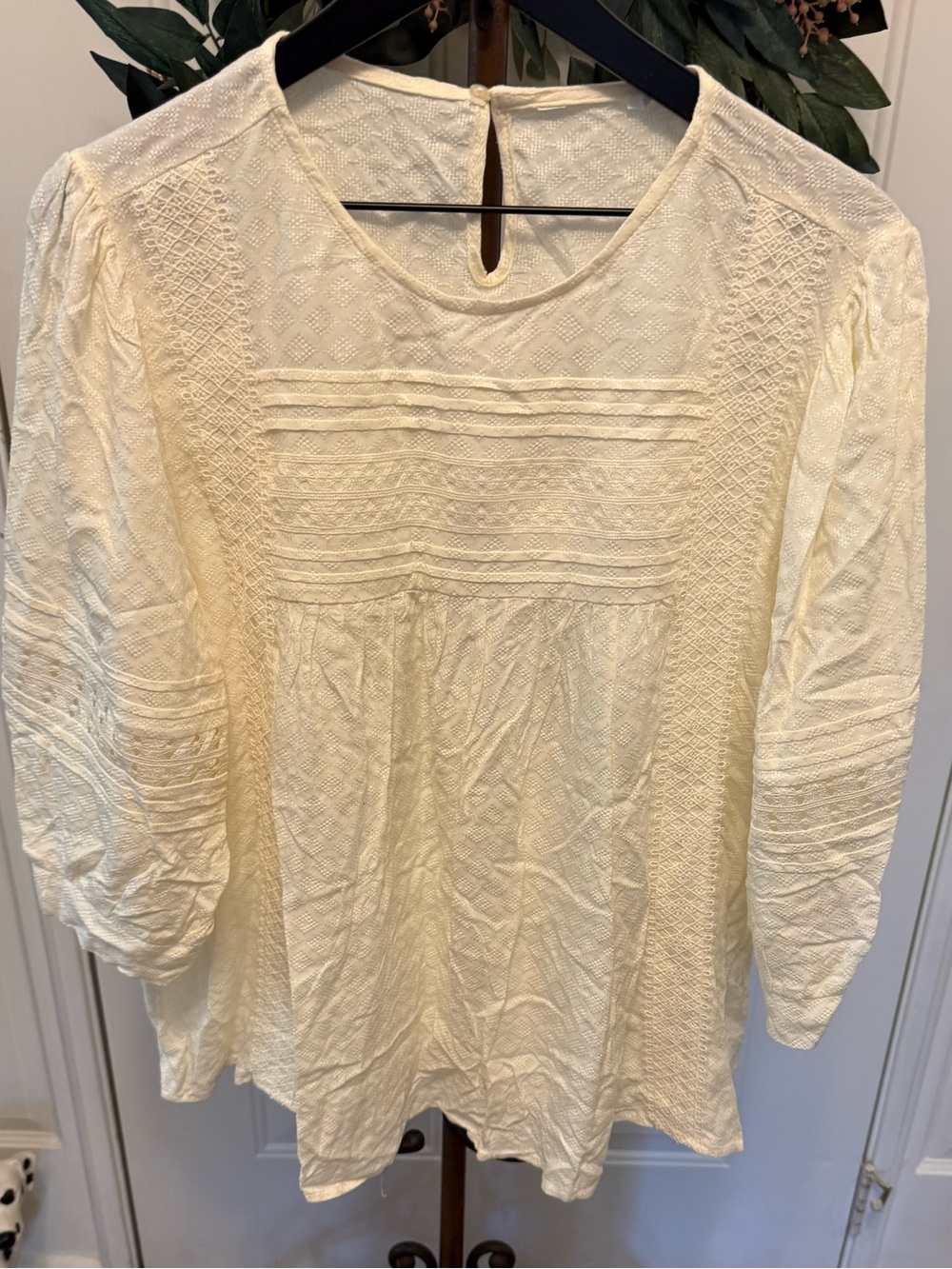 Peasant Boho Cream Diamond Pattern Top with Lace Trim L 12 14